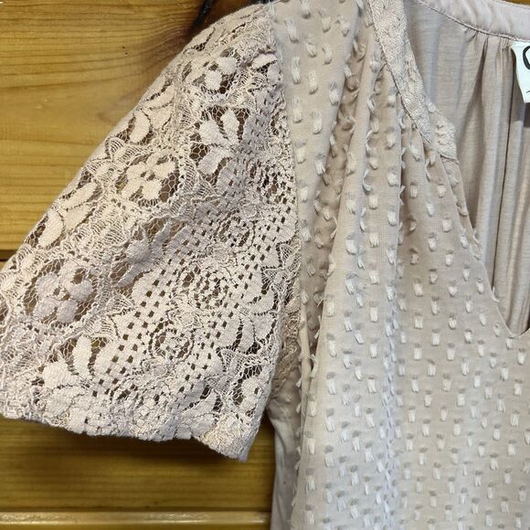Anthropologie One September Women Small Lace Top Beige Casual Swiss Dot Fairy - Picture 2 of 5